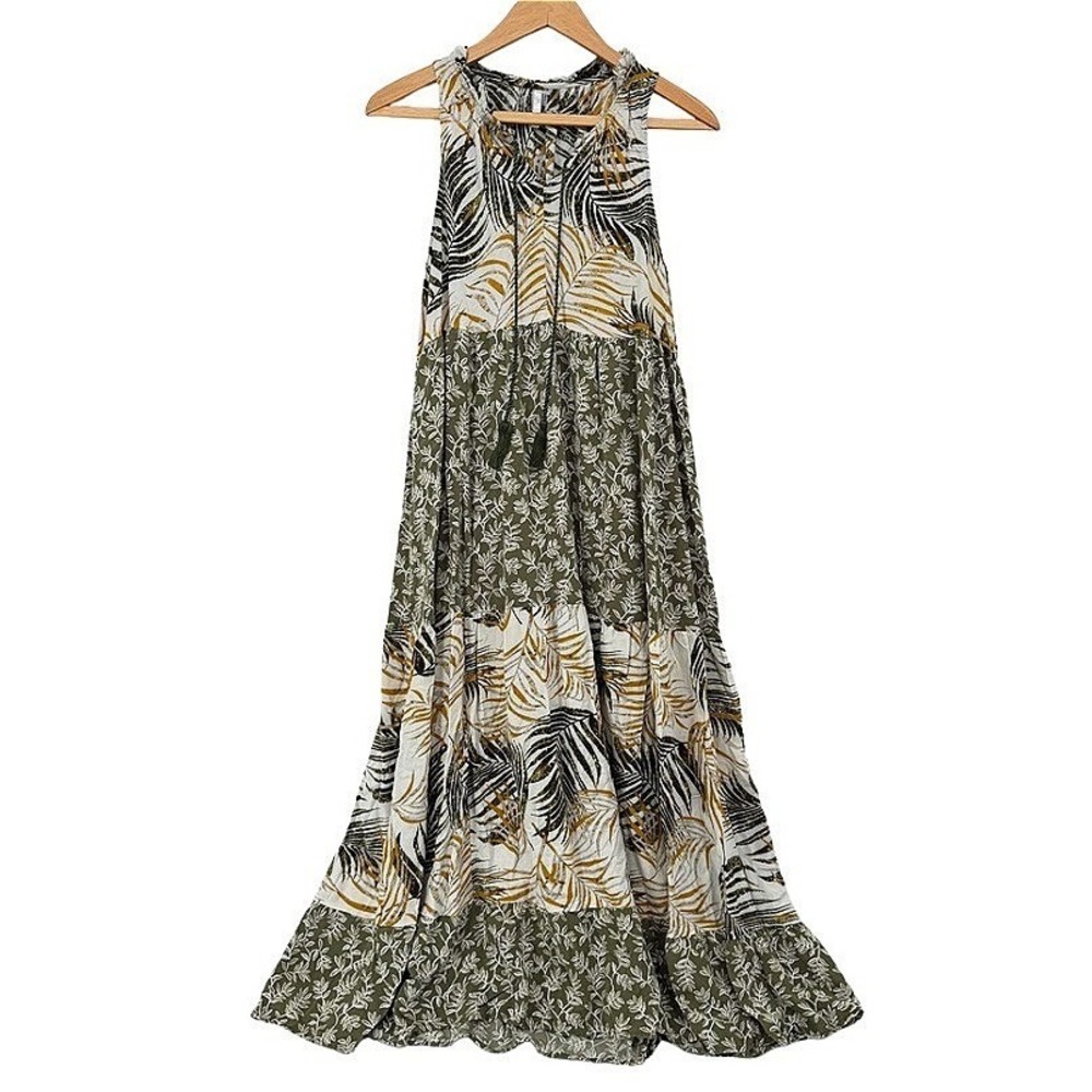 Kaktus Jungle Safari Sleeveless Maxi Aline Dress Boho Coastal Chic Size Small